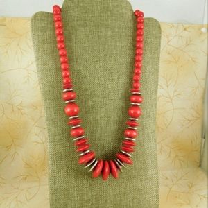 1970's Red & Silver Beaded Necklace.18 Inches Wood and Metalized Plastic Beads